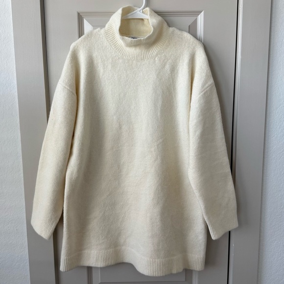 Zara Wool Blend Turtleneck Mini Knit Dress In Oyster White Size Large - Picture 2 of 9